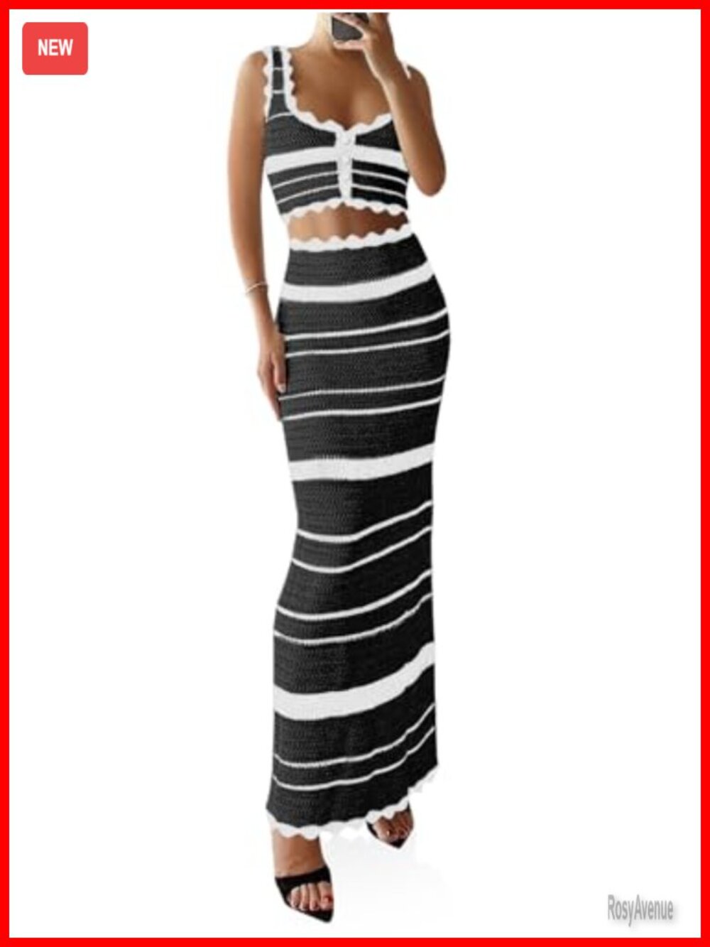 Striped Crochet Knit 2 Piece Set Sleeveless Button Crop Tank Top Bodycon Maxi